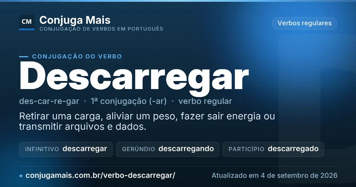 Cartão do verbo descarregar com definição, formas principais, endereço da página e data de atualização.