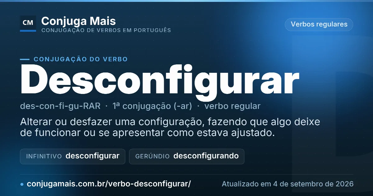 Cartão do verbo desconfigurar com definição, formas principais, endereço da página e data de atualização.