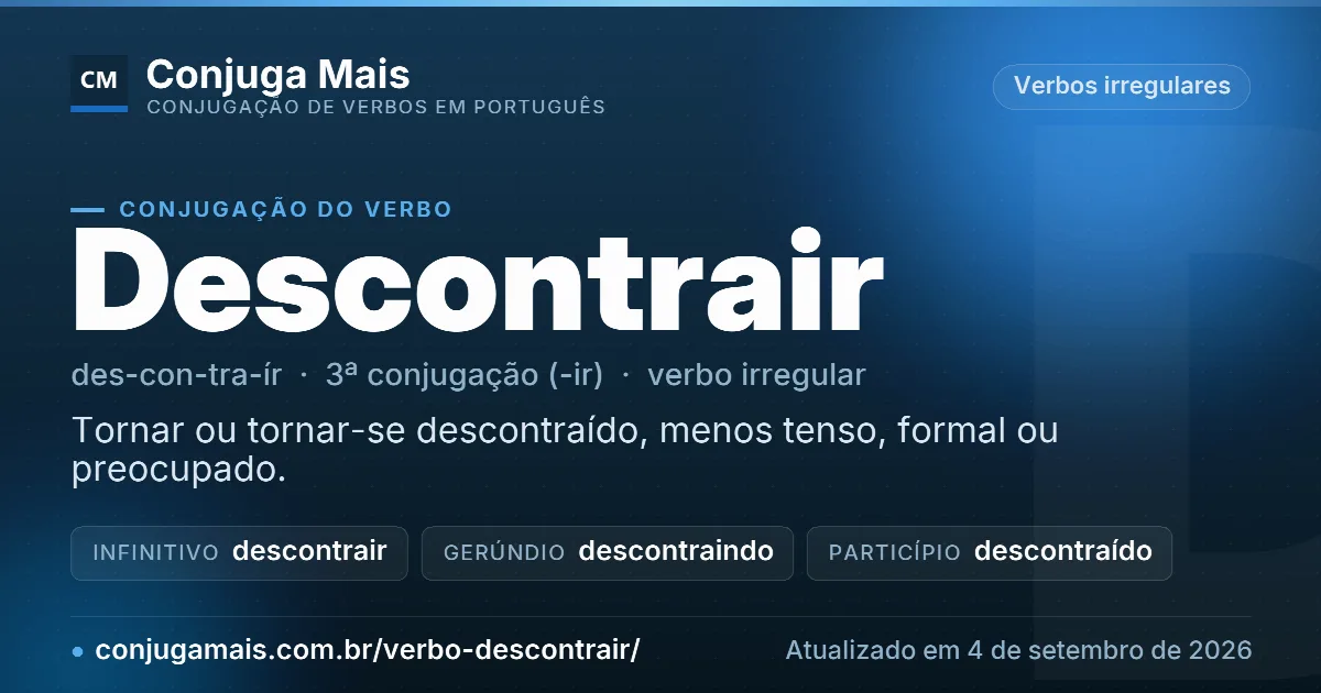 Cartão do verbo descontrair com definição, formas principais, endereço da página e data de atualização.