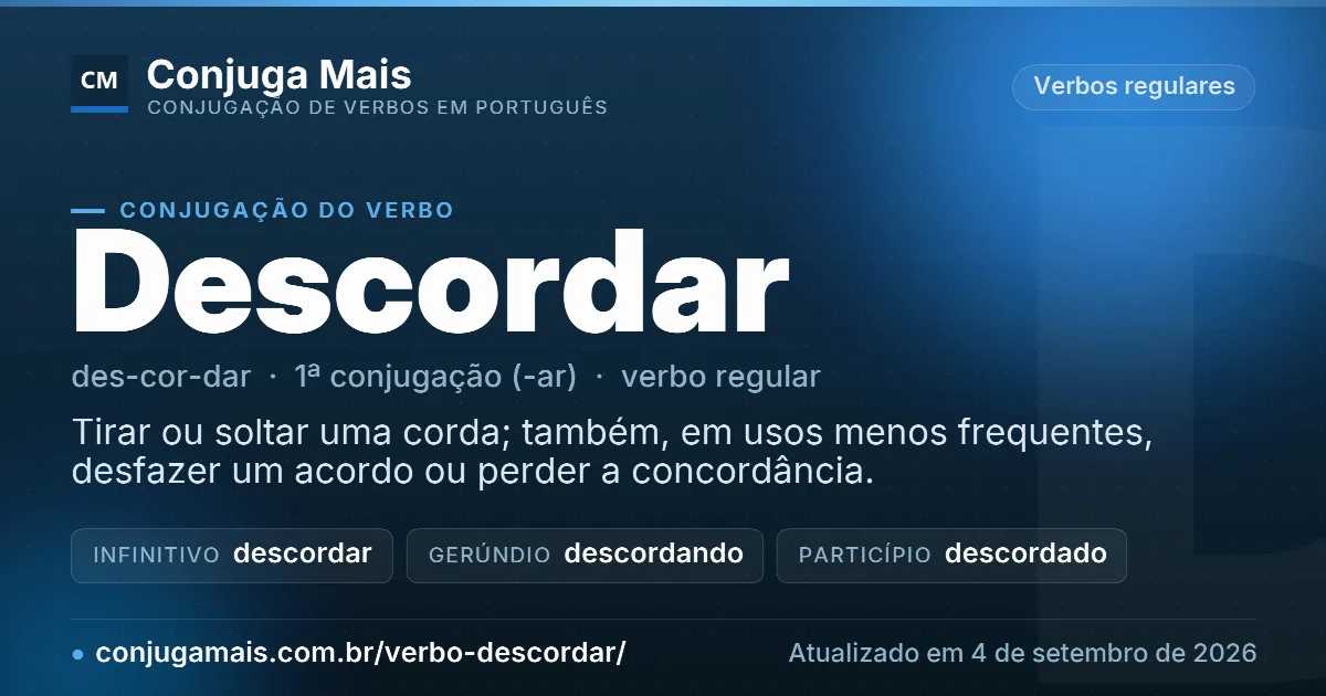 Cartão do verbo descordar com definição, formas principais, endereço da página e data de atualização.