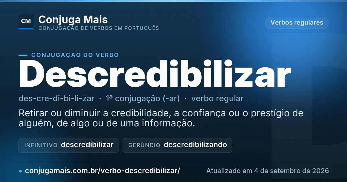 Cartão do verbo descredibilizar com definição, formas principais, endereço da página e data de atualização.