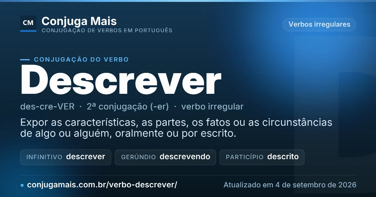 Cartão do verbo descrever com definição, formas principais, endereço da página e data de atualização.