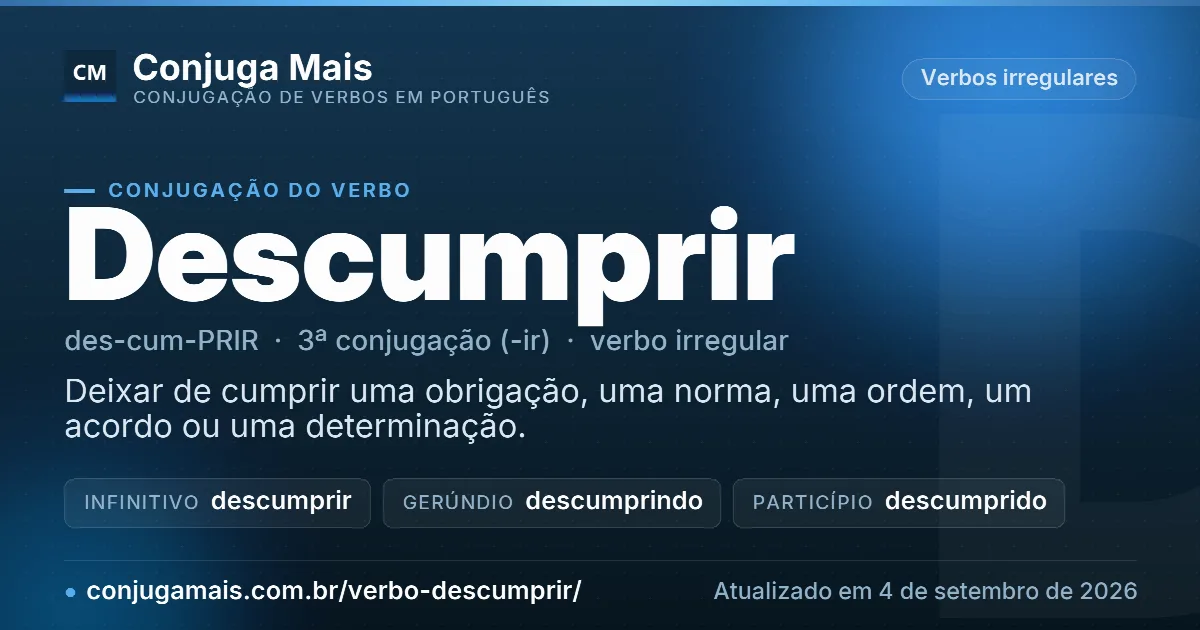 Cartão do verbo descumprir com definição, formas principais, endereço da página e data de atualização.