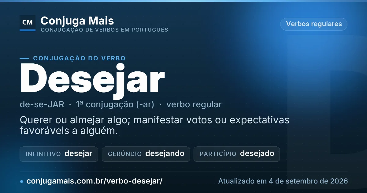 Cartão do verbo desejar com definição, formas principais, endereço da página e data de atualização.
