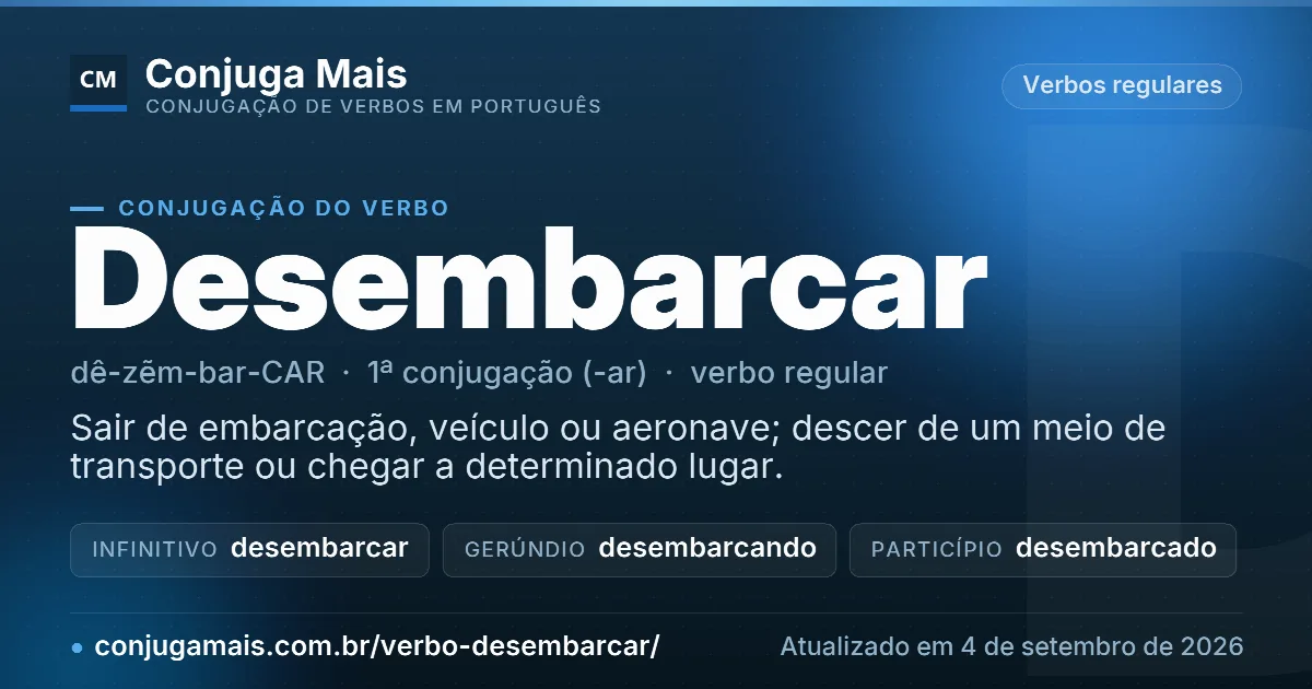 Cartão do verbo desembarcar com definição, formas principais, endereço da página e data de atualização.