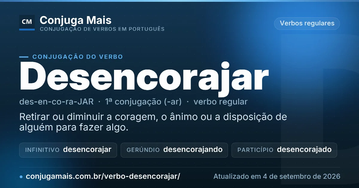 Cartão do verbo desencorajar com definição, formas principais, endereço da página e data de atualização.
