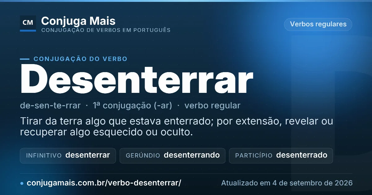 Cartão do verbo desenterrar com definição, formas principais, endereço da página e data de atualização.