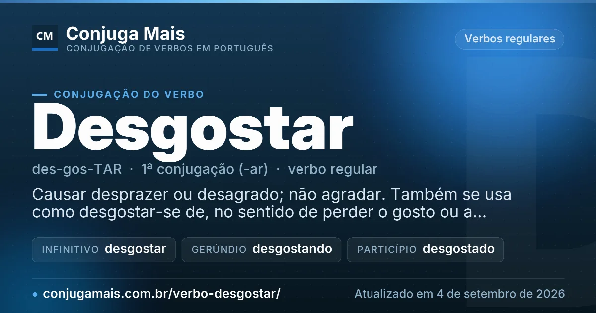 Cartão do verbo desgostar com definição, formas principais, endereço da página e data de atualização.