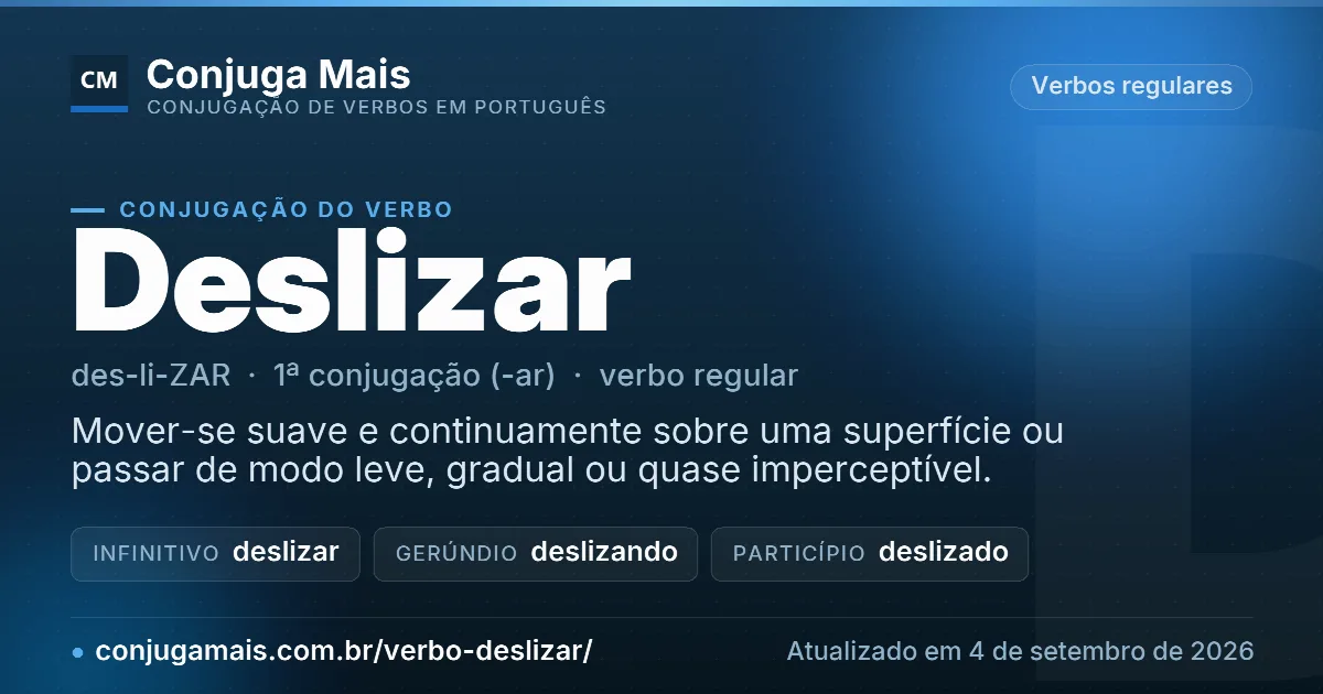 Cartão do verbo deslizar com definição, formas principais, endereço da página e data de atualização.
