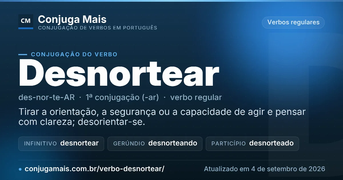 Cartão do verbo desnortear com definição, formas principais, endereço da página e data de atualização.