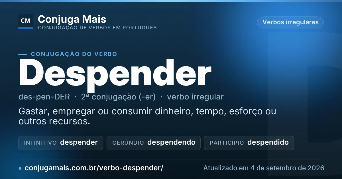 Cartão do verbo despender com definição, formas principais, endereço da página e data de atualização.
