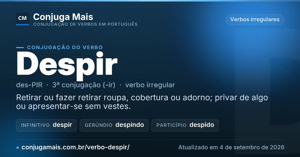 Cartão do verbo despir com definição, formas principais, endereço da página e data de atualização.