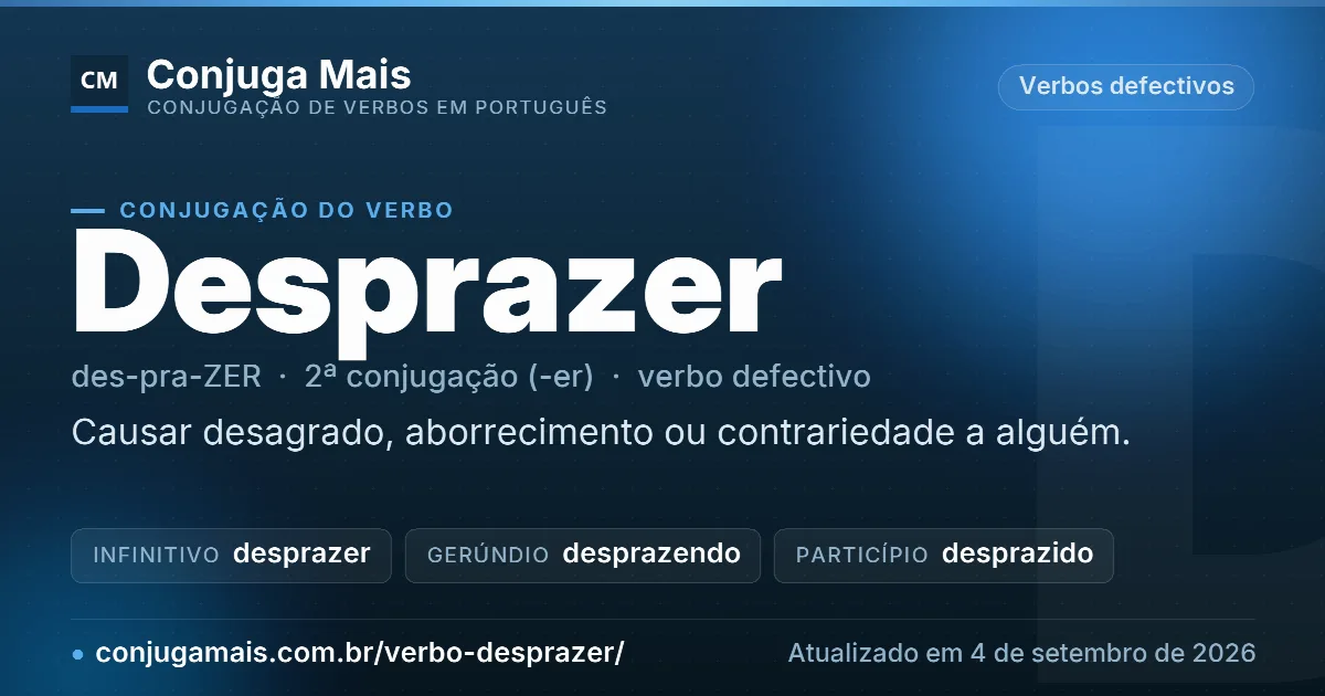 Cartão do verbo desprazer com definição, formas principais, endereço da página e data de atualização.