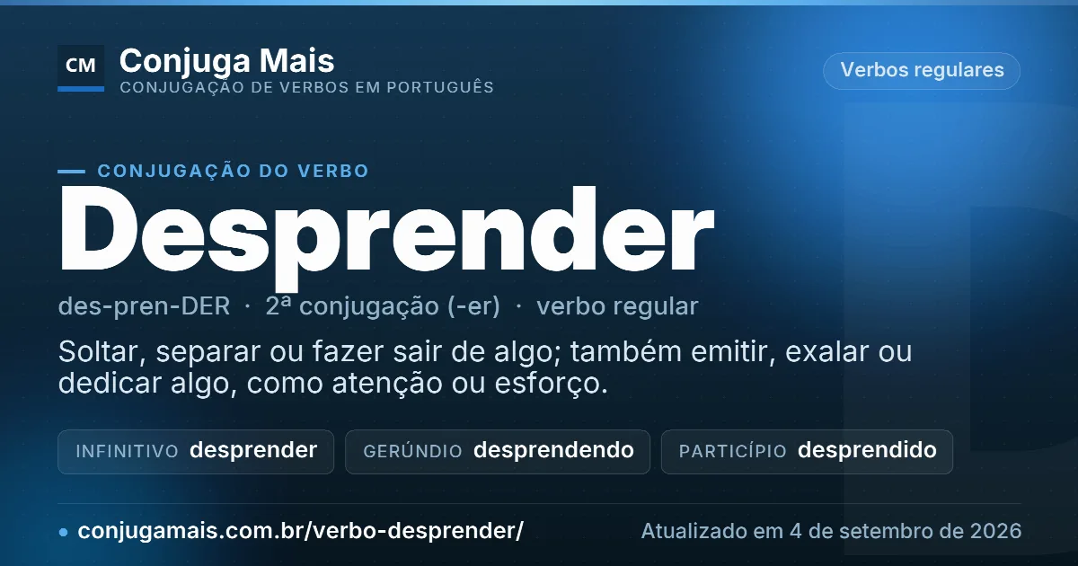 Cartão do verbo desprender com definição, formas principais, endereço da página e data de atualização.