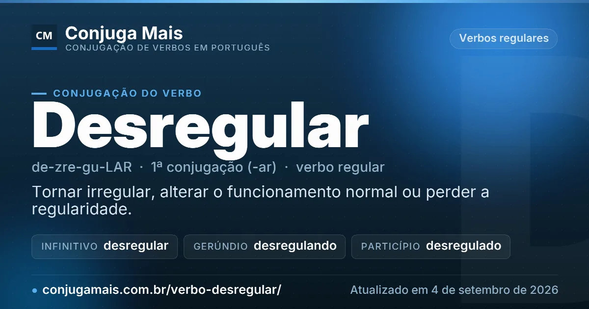Cartão do verbo desregular com definição, formas principais, endereço da página e data de atualização.