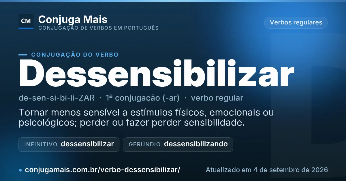 Cartão do verbo dessensibilizar com definição, formas principais, endereço da página e data de atualização.