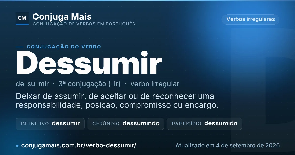 Cartão do verbo dessumir com definição, formas principais, endereço da página e data de atualização.