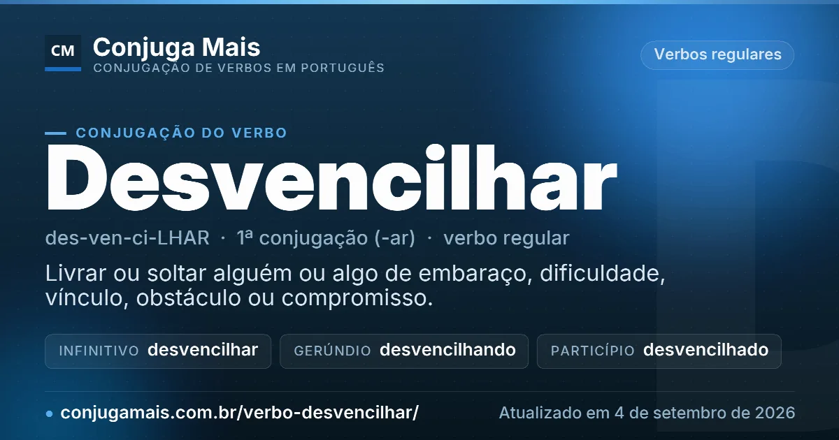 Cartão do verbo desvencilhar com definição, formas principais, endereço da página e data de atualização.