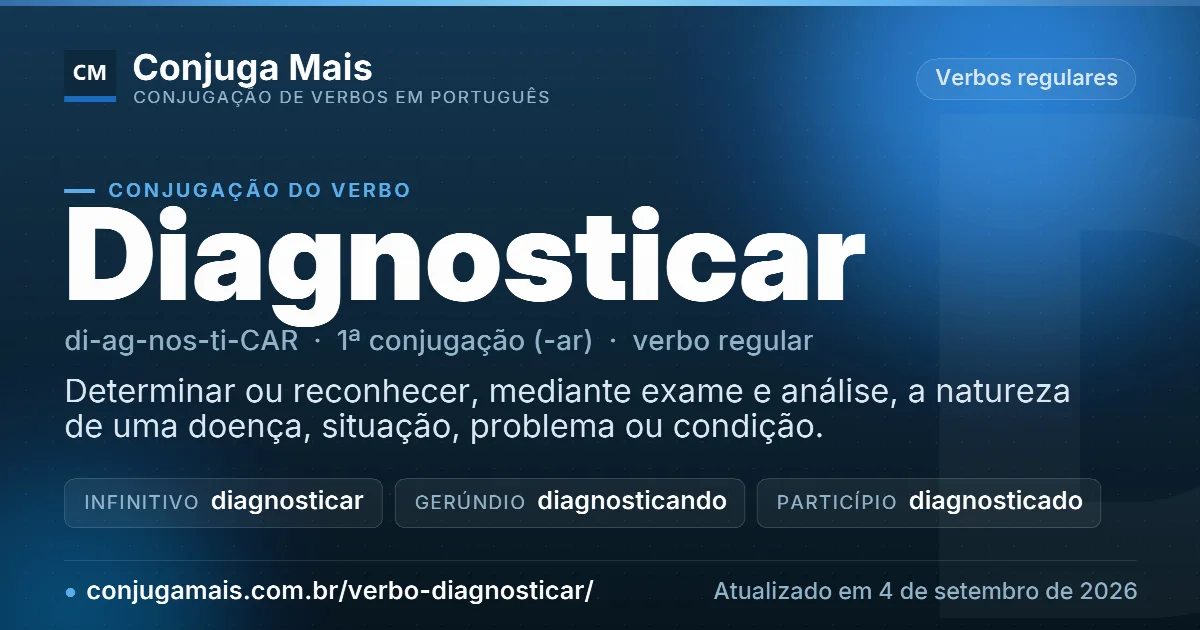 Cartão do verbo diagnosticar com definição, formas principais, endereço da página e data de atualização.