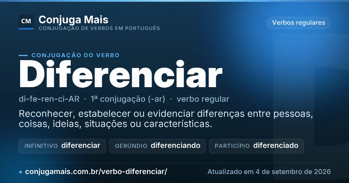 Cartão do verbo diferenciar com definição, formas principais, endereço da página e data de atualização.