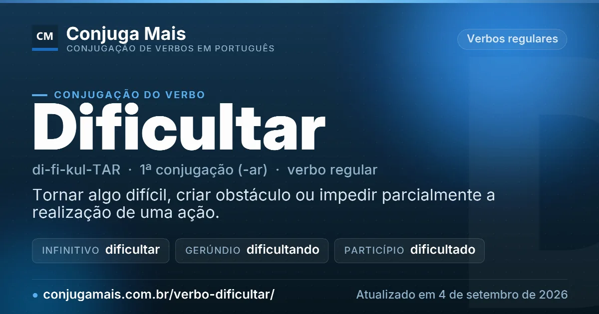 Cartão do verbo dificultar com definição, formas principais, endereço da página e data de atualização.