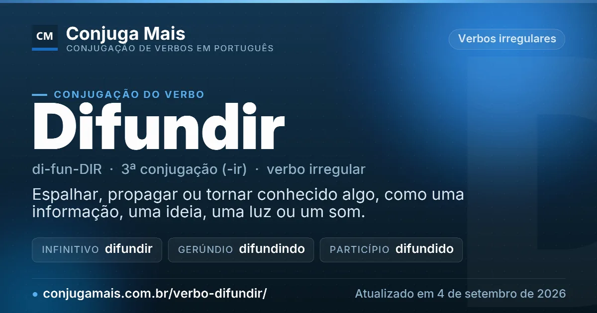 Cartão do verbo difundir com definição, formas principais, endereço da página e data de atualização.