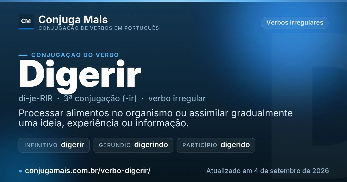 Cartão do verbo digerir com definição, formas principais, endereço da página e data de atualização.
