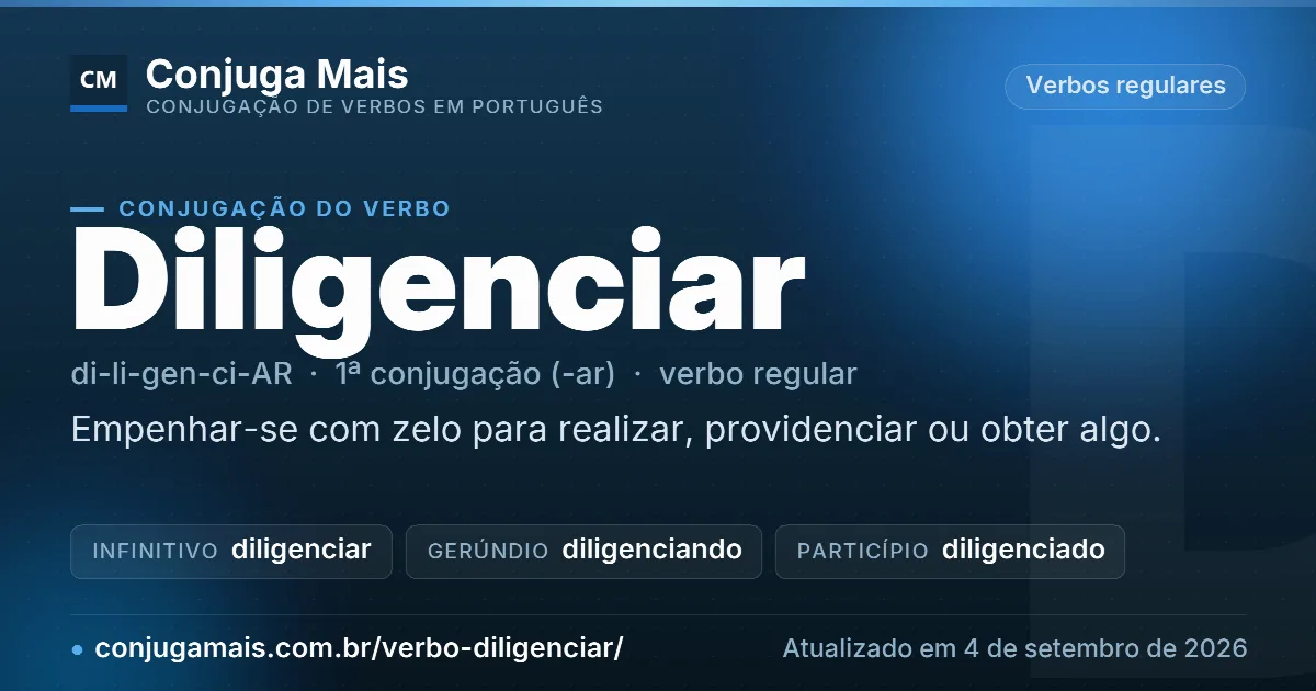 Cartão do verbo diligenciar com definição, formas principais, endereço da página e data de atualização.