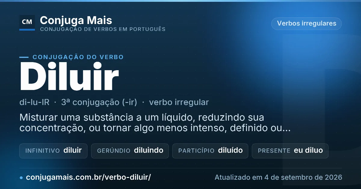 Cartão do verbo diluir com definição, formas principais, endereço da página e data de atualização.
