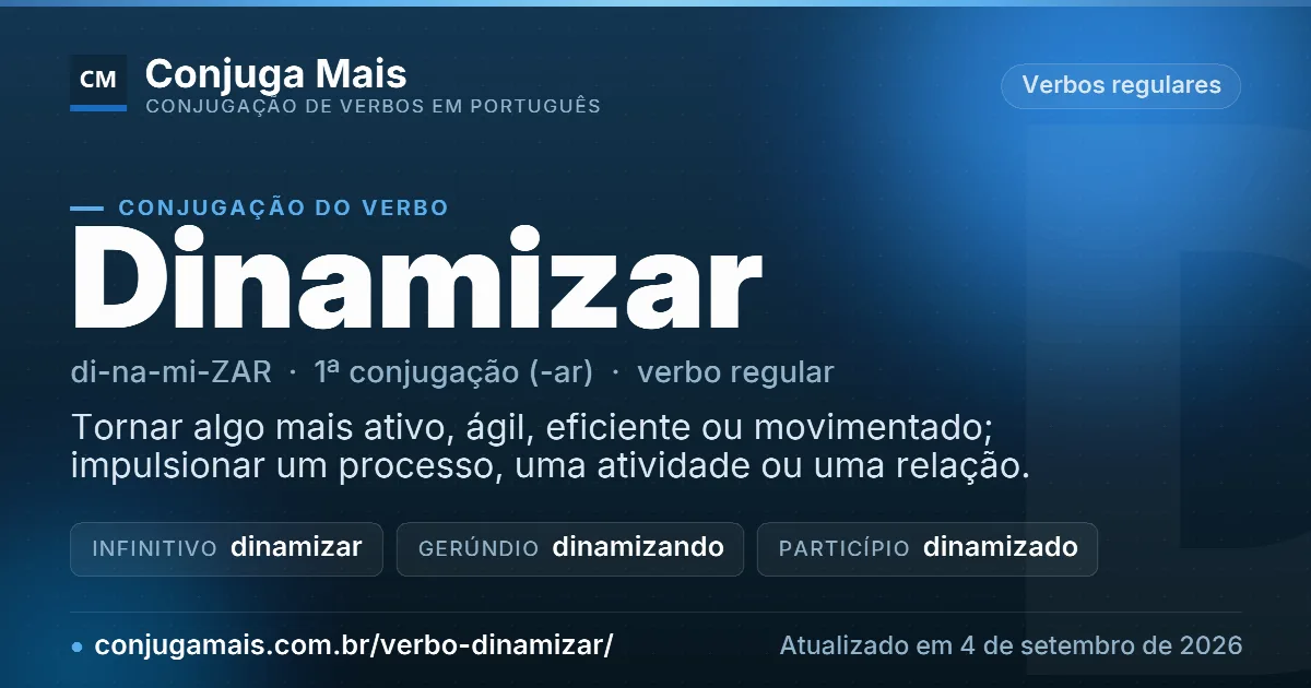 Cartão do verbo dinamizar com definição, formas principais, endereço da página e data de atualização.