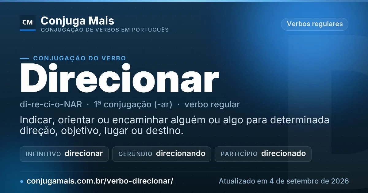 Cartão do verbo direcionar com definição, formas principais, endereço da página e data de atualização.