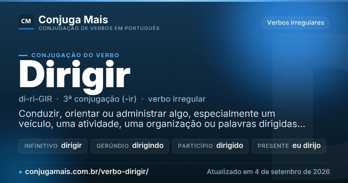 Cartão do verbo dirigir com definição, formas principais, endereço da página e data de atualização.