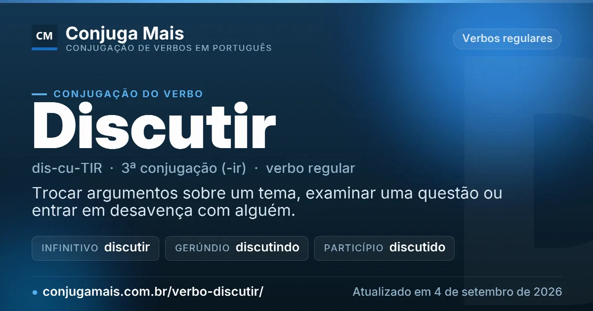 Cartão do verbo discutir com definição, formas principais, endereço da página e data de atualização.