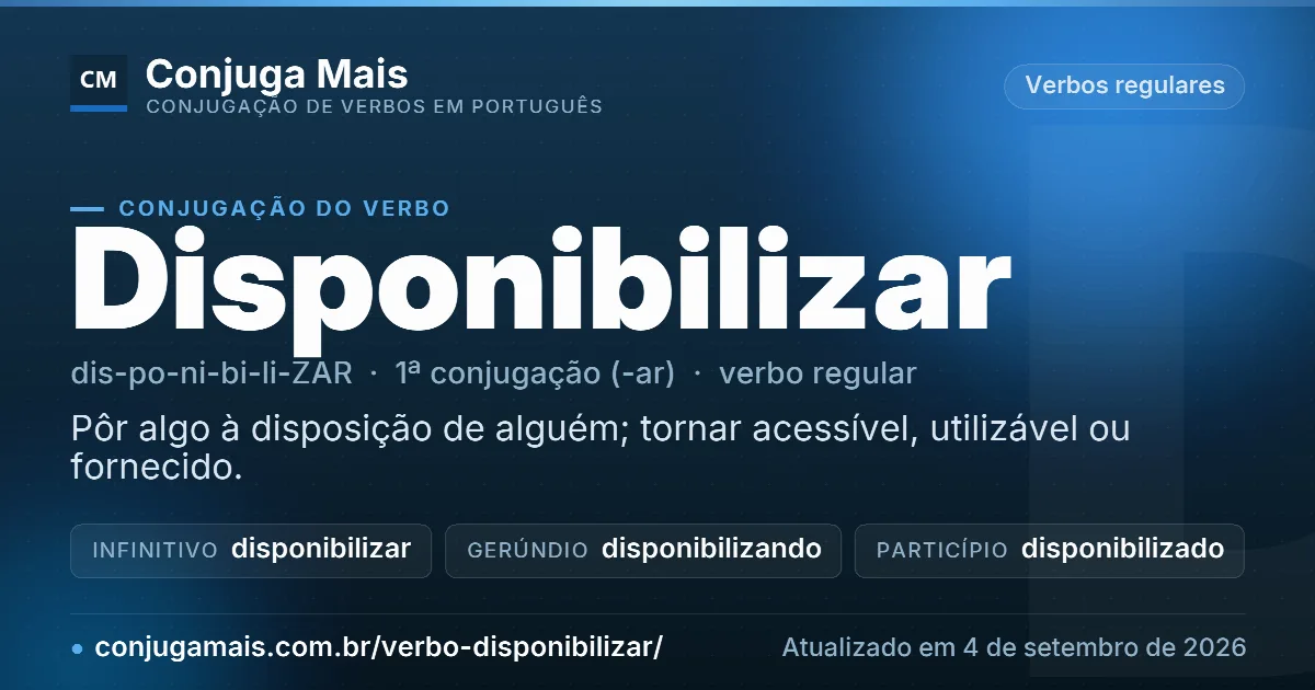 Cartão do verbo disponibilizar com definição, formas principais, endereço da página e data de atualização.