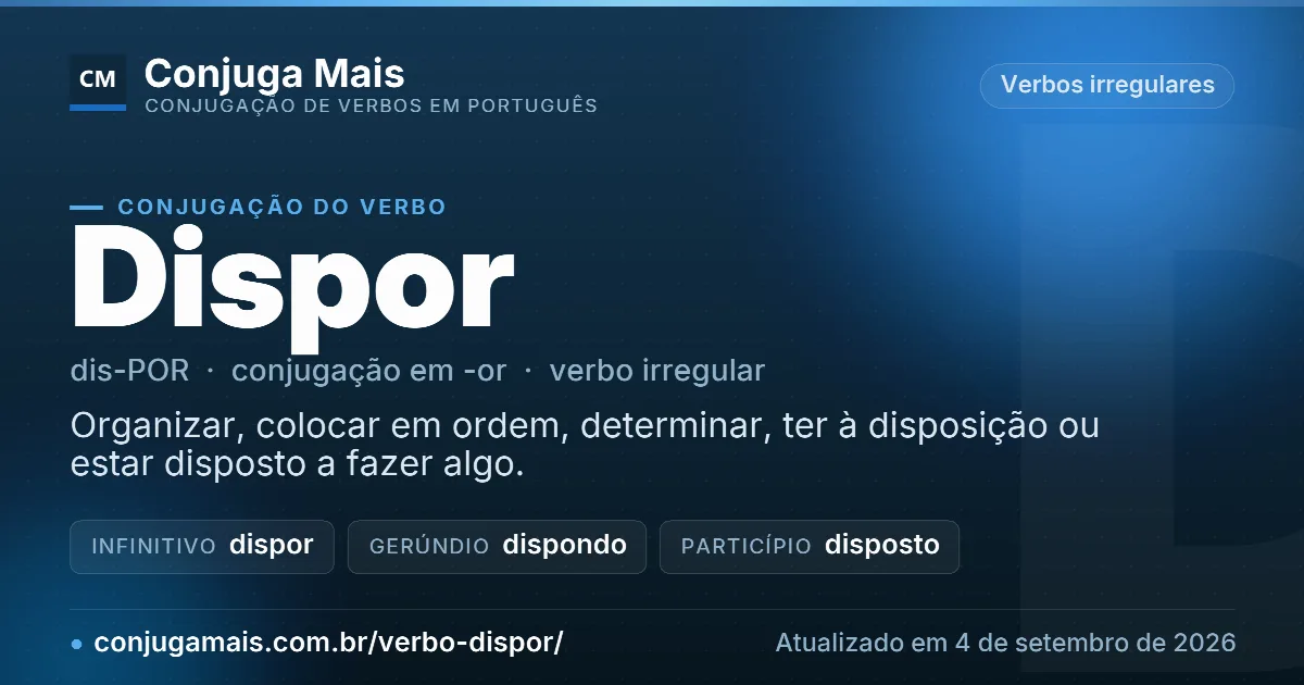 Cartão do verbo dispor com definição, formas principais, endereço da página e data de atualização.