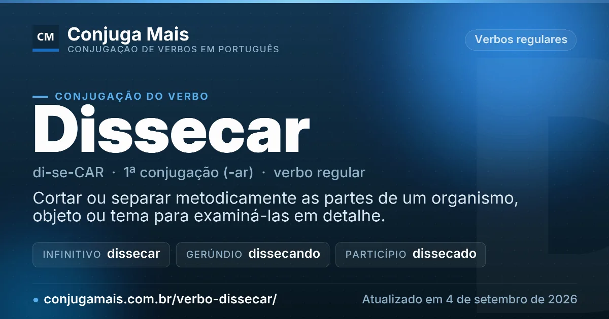 Cartão do verbo dissecar com definição, formas principais, endereço da página e data de atualização.