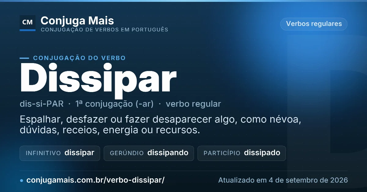 Cartão do verbo dissipar com definição, formas principais, endereço da página e data de atualização.