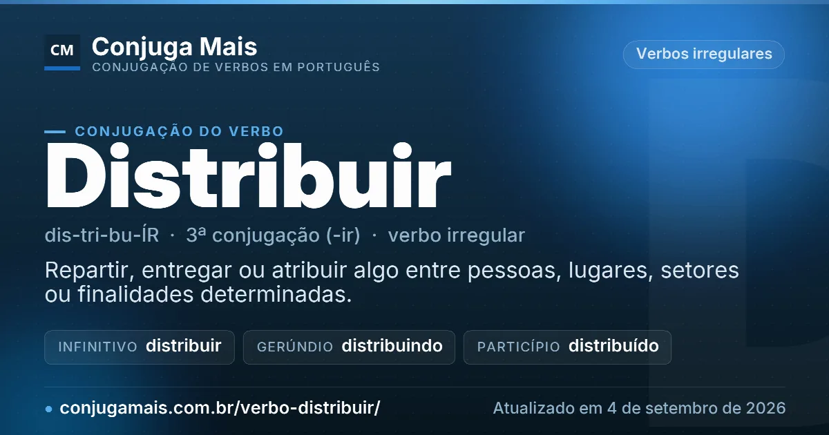 Cartão do verbo distribuir com definição, formas principais, endereço da página e data de atualização.