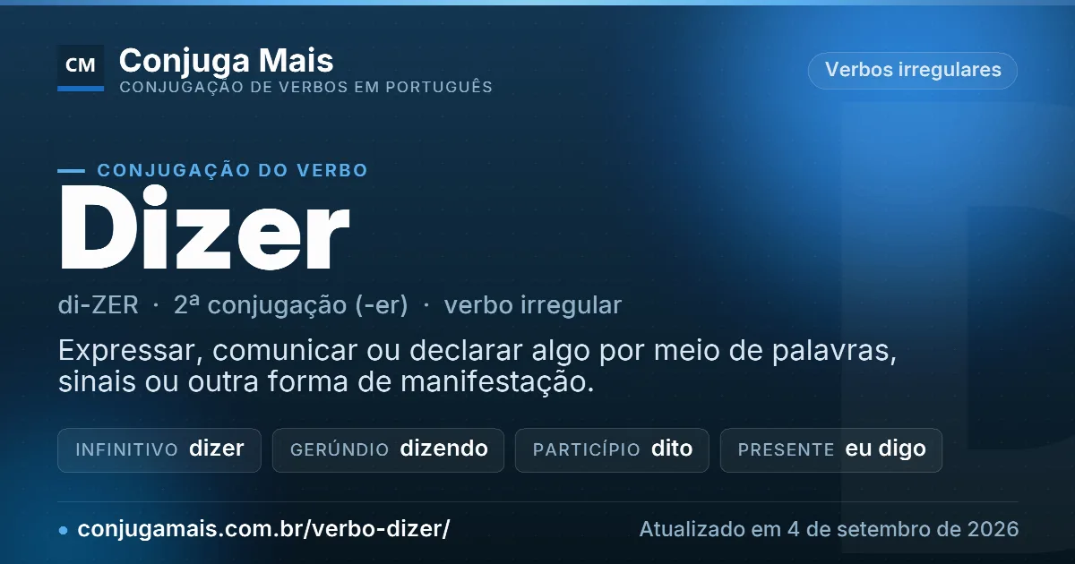 Cartão do verbo dizer com definição, formas principais, endereço da página e data de atualização.