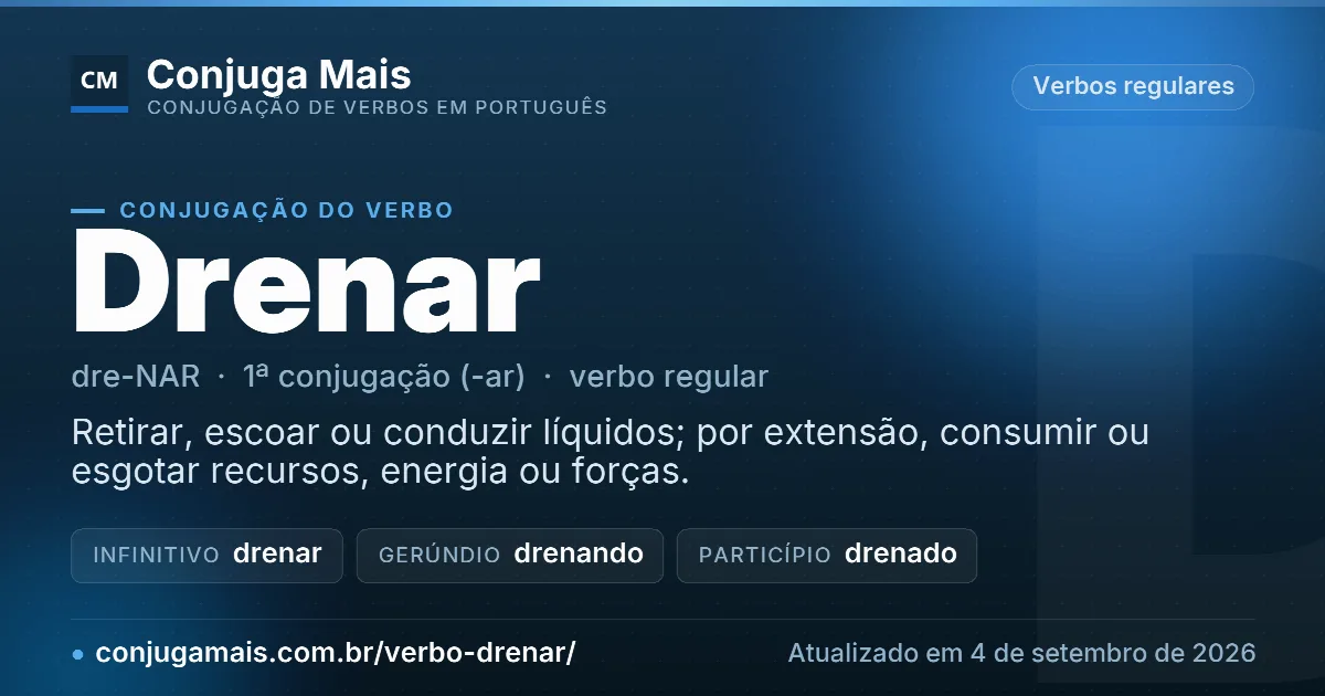 Cartão do verbo drenar com definição, formas principais, endereço da página e data de atualização.