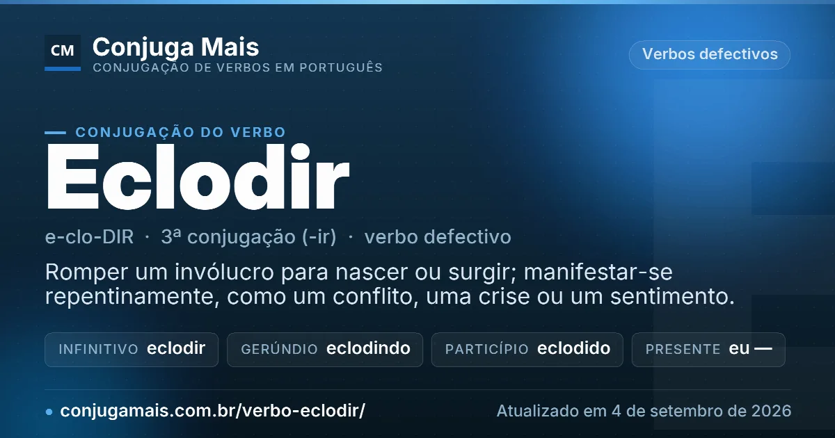 Cartão do verbo eclodir com definição, formas principais, endereço da página e data de atualização.