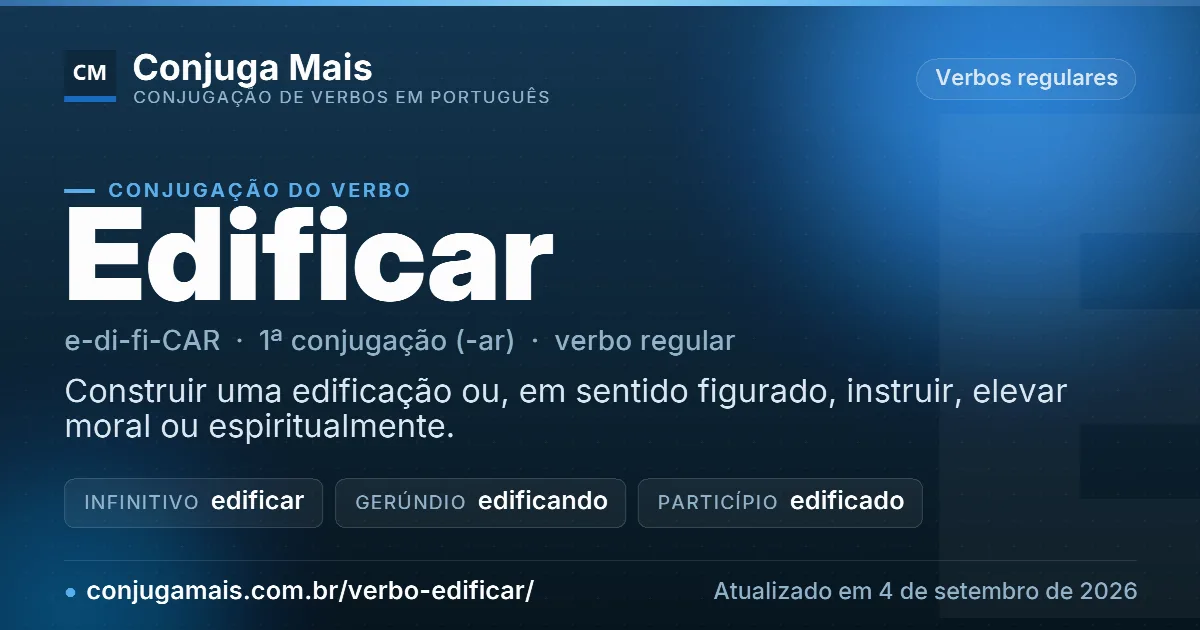Cartão do verbo edificar com definição, formas principais, endereço da página e data de atualização.
