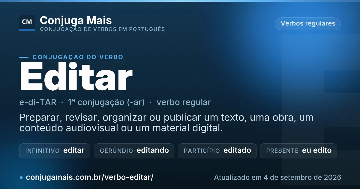 Cartão do verbo editar com definição, formas principais, endereço da página e data de atualização.