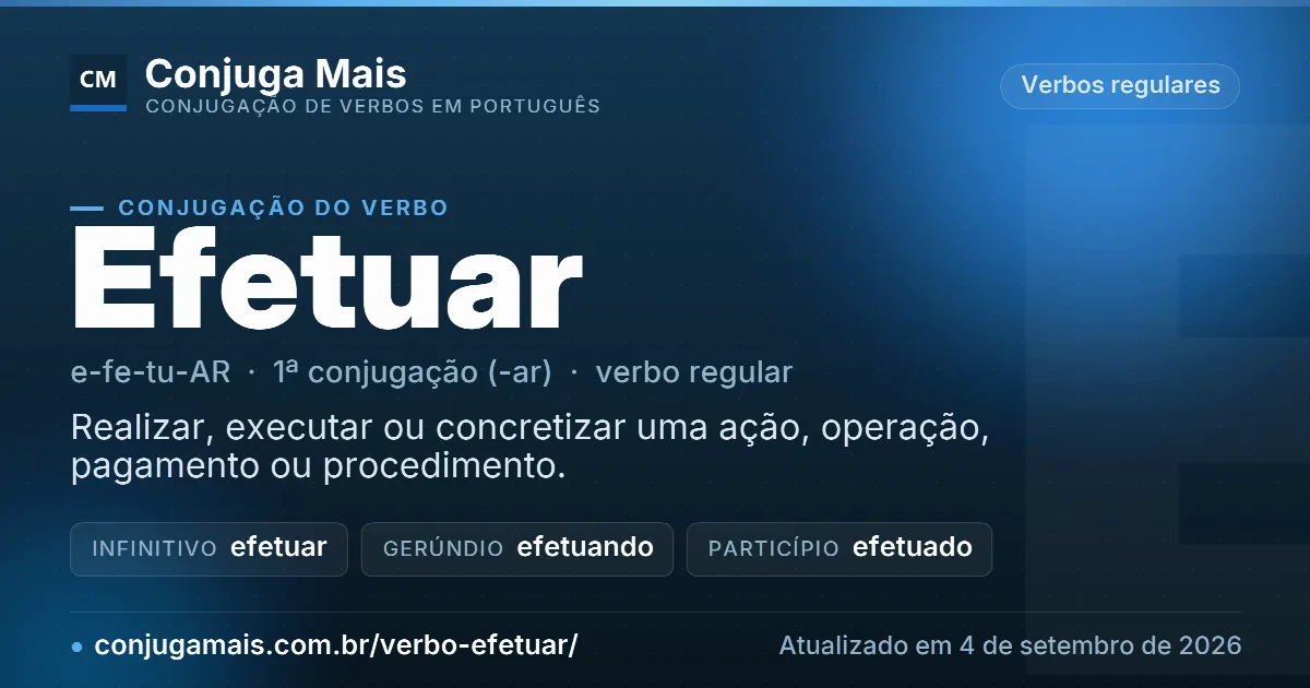 Cartão do verbo efetuar com definição, formas principais, endereço da página e data de atualização.