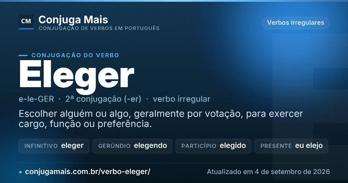 Cartão do verbo eleger com definição, formas principais, endereço da página e data de atualização.