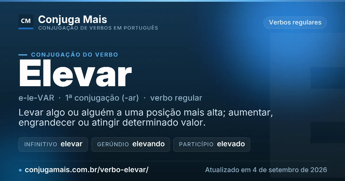 Cartão do verbo elevar com definição, formas principais, endereço da página e data de atualização.
