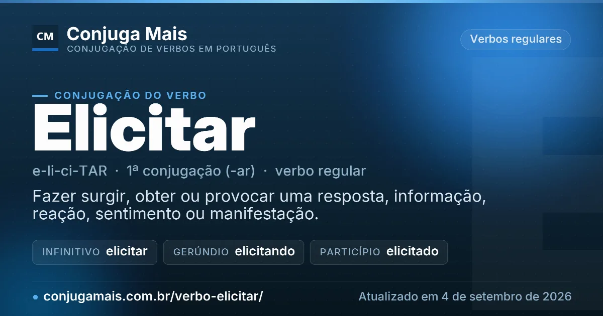 Cartão do verbo elicitar com definição, formas principais, endereço da página e data de atualização.