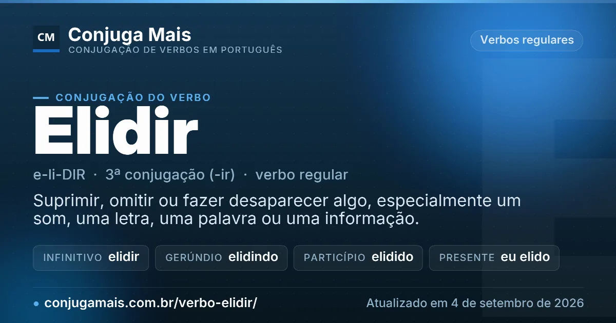 Cartão do verbo elidir com definição, formas principais, endereço da página e data de atualização.