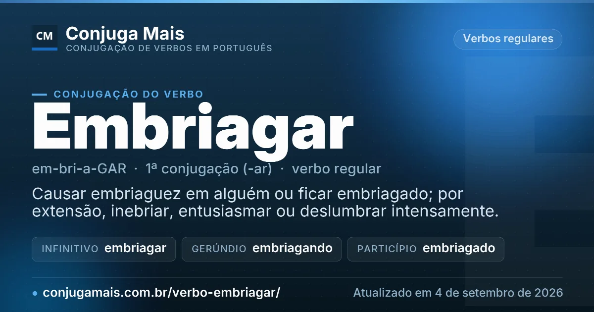 Cartão do verbo embriagar com definição, formas principais, endereço da página e data de atualização.