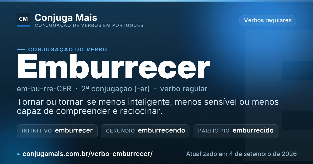 Cartão do verbo emburrecer com definição, formas principais, endereço da página e data de atualização.